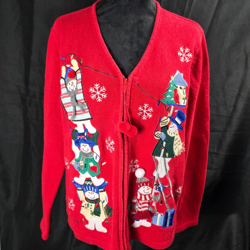 Vintage Bechamel Red Christmas Cardigan Sweater Snowman Holiday Embroidered L‎